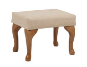 Small square beige stool with four curved wooden legs, oyster colour, front view.