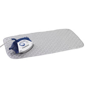 Blue and white iron on silver diamond-pattern heat-resistant tabletop ironing mat, top view.