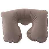 Grey inflatable neck cushion for travel, lightweight design, shown against a white background, front view.