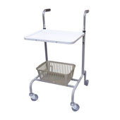 Cefndy Isobel trolley with white tray top, beige basket, four wheels and adjustable handles, front angle view.