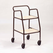 Drive Rutland adjustable trolley with push bar, beige shelves, metal frame, four black caster wheels, front angle view.