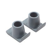 Two grey plastic glide skis with round openings, for walking frames, side view.