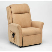 Restwell Memphis Petite dual motor riser recliner chair in biscuit fabric, side pocket and remote visible, plain white background, front view.