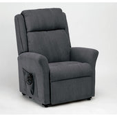 Charcoal Restwell Memphis Petite dual motor riser recliner chair with padded arms and side pocket, suitable for smaller users, angled front view.