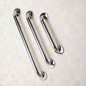 Three polished stainless steel grab rails in different lengths, mounted diagonally on a tiled wall, side view.