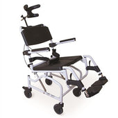 Tilt-in-space toileting and shower chair with adjustable armrests, footrests, headrest, and wheels, lightweight design, front view.