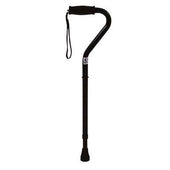 Black height adjustable bariatric walking stick with curved handle, wrist strap and rubber tip, side view.