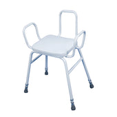 Aidapt Malling Perching Stool with arms and back, white metal frame shower chair for support, side view.