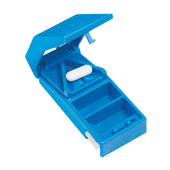 Aidapt lockable pill cutter open with a white pill inside, top view.