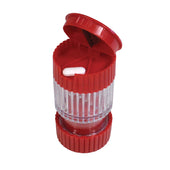 Aidapt 3 in 1 Pill Crusher and Cutter, compact size, clear middle section, open lid showing two white tablets in top compartment, top view.