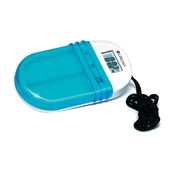 Blue and white digital pill box with LCD display and lanyard, front view.