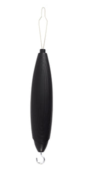 Black oval button hook and zipper puller tool with metal loop and hook, product close-up.