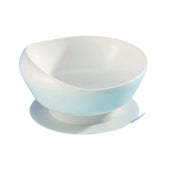 White large scoop bowl with wide rim and suction base, designed for easier use with one hand, side view.