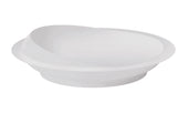 White oval plate with high curved edges for easier scooping, top view.