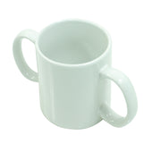 White ceramic mug with two handles for easier grip, plain background, front view.