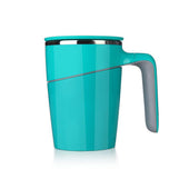 Black anti-spill mug with large handle and angled shape on white background, front view.