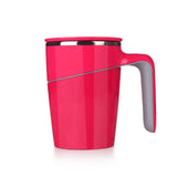 Black anti-spill mug with large angular handle and metallic silver rim, BPA free, shown on a plain white background, front view.