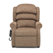 Silver Rimini single motor tilt-in-space chair with rolled arms, waterfall back, left-side remote, front angle view.