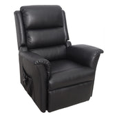 Black PVC riser recliner chair with padded armrests and side pocket, front angle.