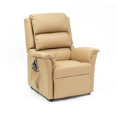 Black PVC riser recliner chair with cushioned armrests and side pocket for remote control, anti-microbial material, front view.