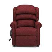Wine red dual motor armchair with pocket sprung seat and remote, on white background, front view.