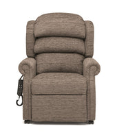 Rimini Dual Motor Chair in wine fabric with pocket sprung seat and remote on armrest, front view.