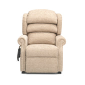 Rimini Dual Motor Chair in jute fabric with adjustable backrest and left-side remote on white background, front view.
