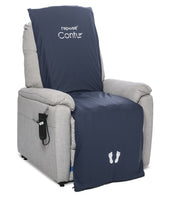 Grey riser recliner cushion with navy cover, white foot icons and pressure relief design, front view.
