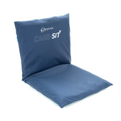 Blue wheelchair cushion with supportive backrest for pressure relief, placed on a white background, front view.