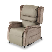 Beige and brown Accora Configura Comfort Chair with pressure-reducing fabric, padded headrest, high back, armrests and wheels, front view.