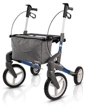 Blue Topro Olympos all terrain rollator with large wheels, storage bag and hand brakes, front angle.