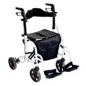 White Aidapt Duo Deluxe rollator with 4 wheels, ergonomic handles, hand brakes, seat, backrest and storage pouch, front view.