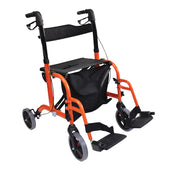 White rollator with black seat, ergonomic handles, footrests and four wheels, side view.
