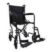 Black aluminium transport chair with footrests and four small wheels, compact design, side view.