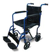 Black aluminium compact transport chair with footrests and four small wheels, lightweight design, side view.