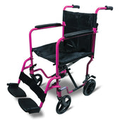 Pink aluminium transport chair with black seat, armrests, footrests and four black wheels, front view.