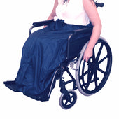 Woman in wheelchair with fleece lined wheelchair cosy covering legs, white top visible, wind protection shown, front view.