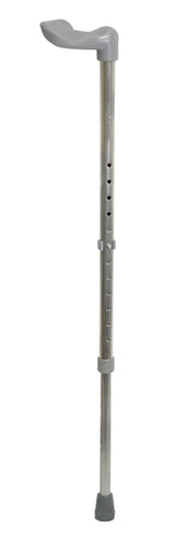 Aluminium walking stick with grey ergonomic handle, rubber tip and adjustable height, side view.