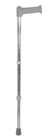 Aluminium walking stick with height adjustment, grey ergonomic handle and rubber tip, side view.