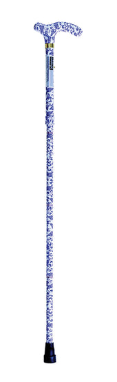 Folding walking cane with blue floral pattern and non-slip rubber tip, side view.