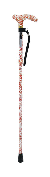 Red and white floral folding walking cane with curved handle, black wrist strap, and non-slip ferrule, side view.