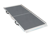 Foldable scooter ramp with black handles, non-slip surface and wide design for vehicle access, shown side view.