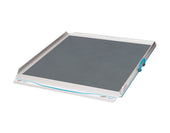 Grey and blue rectangular wheelchair scale, designed to fit with Enable Access Aerolight Classic Premium Ramp, top view.
