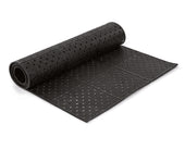 Black rubber mat with grid holes for scooter and wheelchair access, shown rolled out on the ground, top view.