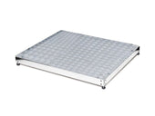 Rectangular half step platform with a diamond plate surface and adjustable feet, shown from a front angle.