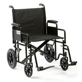Black bariatric transport chair with armrests, footrests and 200kg weight limit, side view.