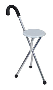 Folding seat cane with curved handle, tripod seat, and three metal legs with rubber tips, side view.