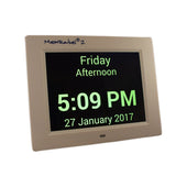 Easy Link MemRabel2 Dementia Reminder Clock showing Friday 5:09 PM, 27 Jan 2017 and daily time reminders, front view.