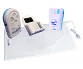 Three white and blue Easy Link Bed Occupancy Alarm Kits above a large white corded sensor mat, top view.