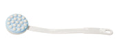 White plastic lotion applicator with long handle, round head and blue-white massage nodes, side view.